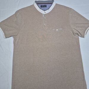 Zara Man Polo Beige Short Sleeve Banded Collar Shirt Size Large ButtonUp Planket